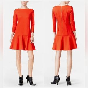 Maison Jules Chic Boatneck 3/4 Sleeve Flared Hem Ponte Orange Dress Size M